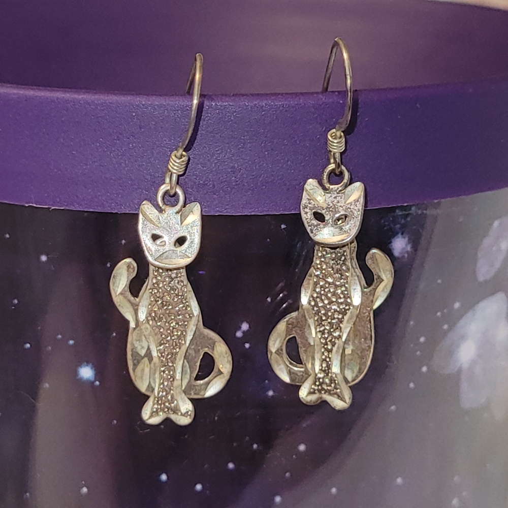 925 Sterling Silver Articulated Cat Dangle Earrings - 1970s Vintage Folk Art - Picture 5 of 12